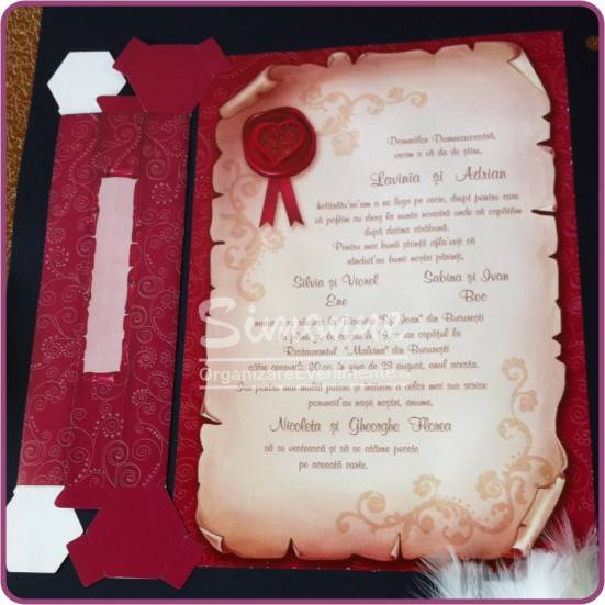 Invitatie papirus botez nunta in cutie